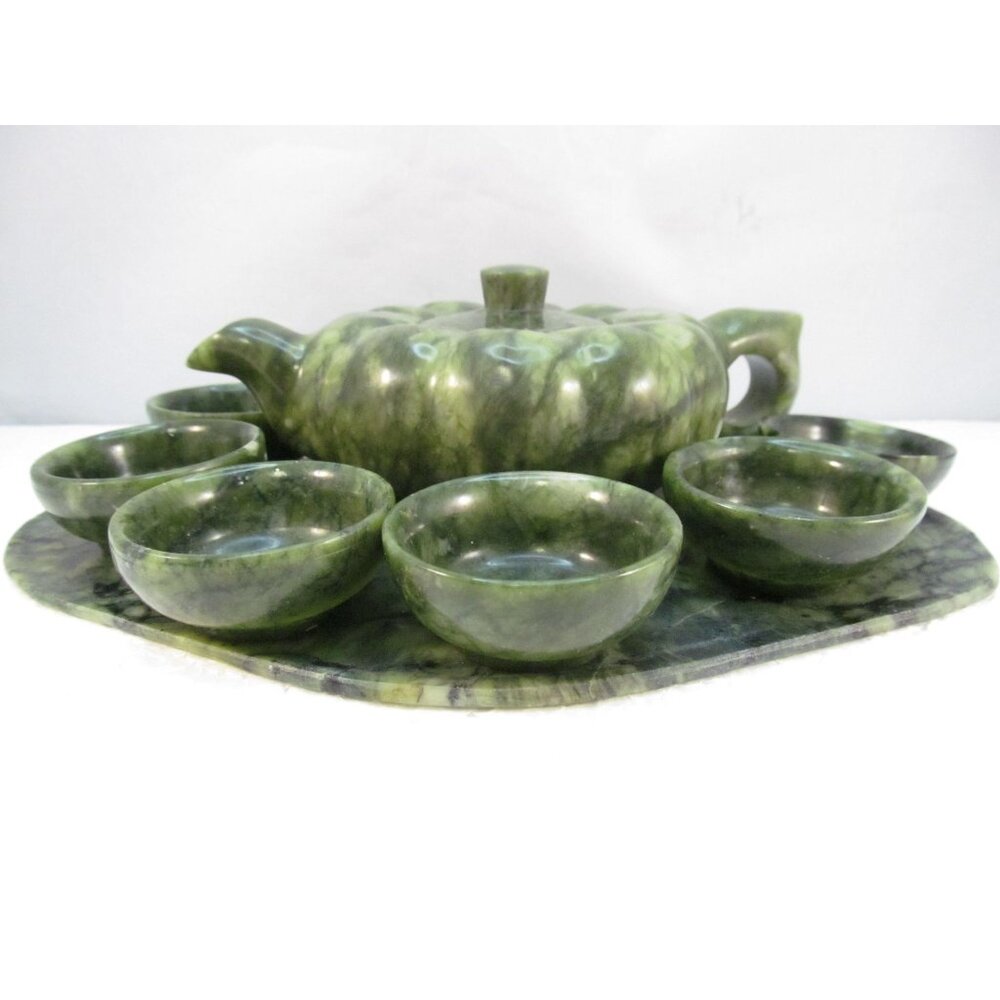 Vintage Asian Jade Teapot Cups and Tray Set in Original Box